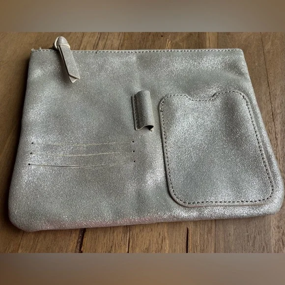 Anthropologie Leather Organizer Pouch Silver Glitter - Picture 2 of 15